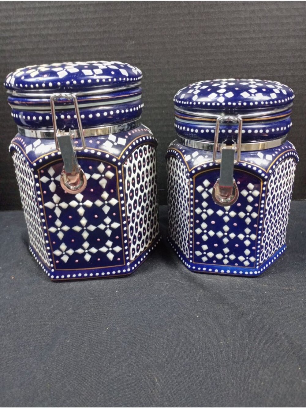 Vintage Boho 2PC set of Pier 1 Moroccan Hand Painted Cobalt Blue and White Kitch